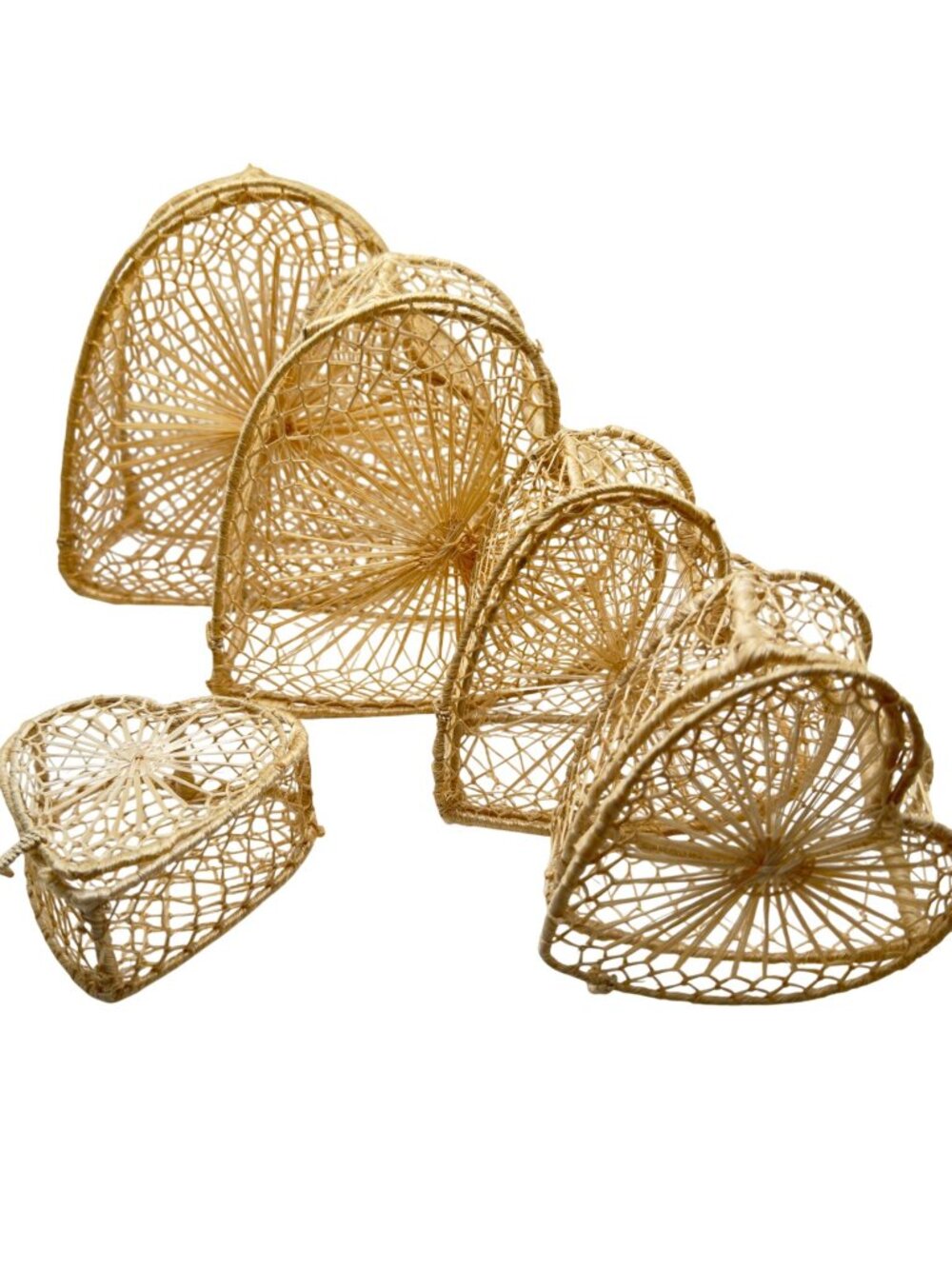 5 Heart Shaped Open Weave Abaca Boxes Handwoven Natural Fiber Nesting Baskets